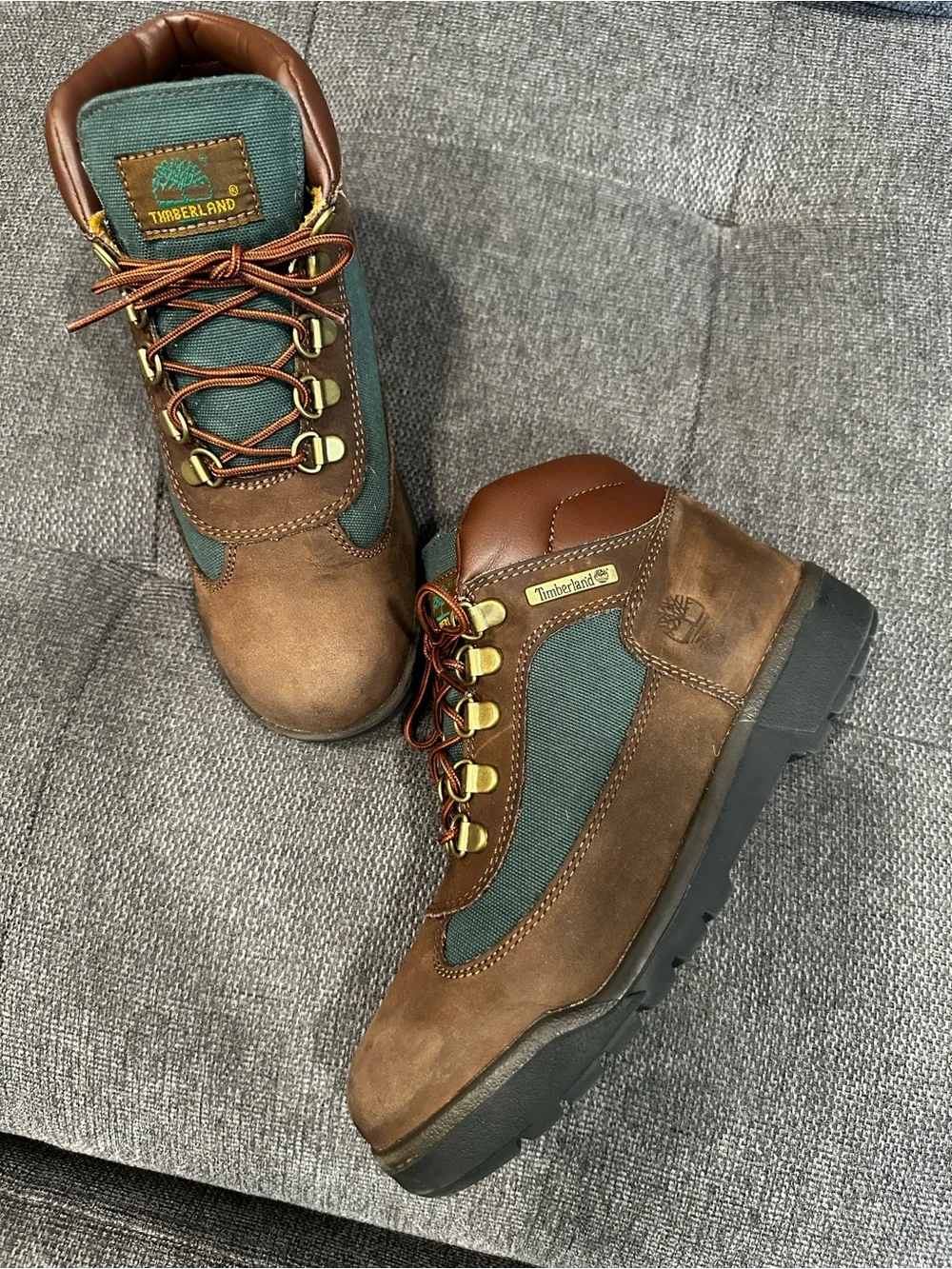 Timberland Brown and Green Fabric Hiking Boots Beef and Broccoli Boys Size 4.5